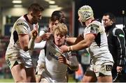 9 February 2018; Robert Lyttle of Ulster, centre, celebrates with teammates after scoring his side's fifth try during the Guinness PRO14 Round 14 match between Ulster and Southern Kings at Kingspan Stadium in Belfast. Photo by Oliver McVeigh/Sportsfile