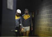 28 January 2018; Conor McKinley, left, and Joe Maskey of Antrim make their way out of the dressing-room ahead of the Allianz Hurling League Division 1B Round 1 match between Galway and Antrim at Pearse Stadium in Galway. Photo by Daire Brennan/Sportsfile
