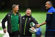 10 February 2018; Ireland Head Coach joe Schmidt, left, Ireland kicking coach Richie Murphy, and Italy Head Coach Conor O'Shea prior to the Six Nations Rugby Championship match between Ireland and Italy at the Aviva Stadium in Dublin.Photo by Brendan Moran/Sportsfile