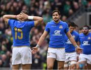 10 February 2018; Mattia Bellini, right, of Italy reacts after his side concede a third try during the Six Nations Rugby Championship match between Ireland and Italy at the Aviva Stadium in Dublin. Photo by Seb Daly/Sportsfile