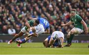 10 February 2018; Matteo Minozzi of Italy is tackled by Bundee Aki of Ireland during the Six Nations Rugby Championship match between Ireland and Italy at the Aviva Stadium in Dublin. Photo by Seb Daly/Sportsfile
