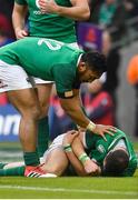 10 February 2018; Bundee Aki of Ireland checks on the welfare of Robbie Henshaw of Ireland after he scored his side's fifth try during the Six Nations Rugby Championship match between Ireland and Italy at the Aviva Stadium in Dublin.Photo by Brendan Moran/Sportsfile