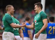 10 February 2018; Jacob Stockdale of Ireland is congratulated by team mate Keith Earls after scoring his side's seventh try during the Six Nations Rugby Championship match between Ireland and Italy at the Aviva Stadium in Dublin. Photo by David Fitzgerald/Sportsfile