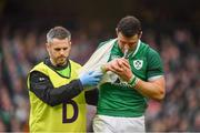 10 February 2018; Robbie Henshaw of Ireland leaves the pitch with Ireland team doctor Ciaran Cosgrave during the Six Nations Rugby Championship match between Ireland and Italy at the Aviva Stadium in Dublin. Photo by Brendan Moran/Sportsfile