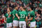 10 February 2018; Jacob Stockdale of Ireland celebrates scoring his side's 6th try with team-mates Kieran Marmion, left, Rob Kearney, Jordan Larmour and Joey Carbery during the Six Nations Rugby Championship match between Ireland and Italy at the Aviva Stadium in Dublin. Photo by Brendan Moran/Sportsfile