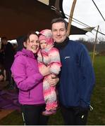 10 February 2018; parkrun participants Bernadette and Mark Tonge, with 2 year old Mary-Kate, from Goatstown, Dublin, pictured at the Marlay Park parkrun where Vhi hosted a special event to celebrate their partnership with parkrun Ireland. Vhi ambassador and Olympian David Gillick was on hand to lead the warm up for parkrun participants before completing the 5km free event. Parkrunners enjoyed refreshments post event at the Vhi Relaxation Area where a physiotherapist took participants through a post event stretching routine. parkrun in partnership with Vhi support local communities in organising free, weekly, timed 5k runs every Saturday at 9.30am. To register for a parkrun near you visit www.parkrun.ie. Photo by Seb Daly/Sportsfile