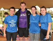 10 February 2018; parkrun participants, from left, Sarah Enderson, from Sandycove, and Aisling Leahy and Lucy Gammell from Killiney, pictured with Vhi ambassador and Olympian David Gillick following the Marlay Park parkrun where Vhi hosted a special event to celebrate their partnership with parkrun Ireland. Vhi ambassador and Olympian David Gillick was on hand to lead the warm up for parkrun participants before completing the 5km free event. Parkrunners enjoyed refreshments post event at the Vhi Relaxation Area where a physiotherapist took participants through a post event stretching routine. parkrun in partnership with Vhi support local communities in organising free, weekly, timed 5k runs every Saturday at 9.30am. To register for a parkrun near you visit www.parkrun.ie. Photo by Seb Daly/Sportsfile