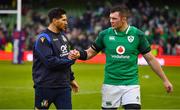 10 February 2018; Ian McKinley, left, of Italy and Peter O'Mahony of Ireland after the Six Nations Rugby Championship match between Ireland and Italy at the Aviva Stadium in Dublin. Photo by Brendan Moran/Sportsfile