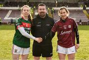 11 February 2018; Mayo captain Sarah Tierney and Galway captain Tracey Leonard exchange a handshake in the company of referee Seamus Mulvihill prior to the Lidl Ladies Football National League Division 1 Round 3 match between Galway and Mayo at Pearse Stadium in Galway. Photo by Diarmuid Greene/Sportsfile