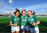 11 February 2018; Ireland players, from left, Sene Naoupu, Lindsay Peat and Michelle Claffey celebrate following their side's victory in the Women's Six Nations Rugby Championship match between Ireland and Italy at Donnybrook Stadium in Dublin. Photo by David Fitzgerald/Sportsfile