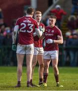 11 February 2018; Galway players Thomas Flynn, Sean Andy O'Ceallaigh, and Eamon Branigan celebrate after the Allianz Football League Division 1 Round 3 match between Galway and Mayo at Pearse Stadium in Galway. Photo by Diarmuid Greene/Sportsfile