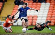 11 February 2018; Robbie Smyth of Longford in action against Brendan Donaghy and Blaine Hughes of Armagh in an incident that lead to a penalty for Longford during the Allianz Football League Division 3 Round 3 match between Armagh and Longford at the Athletic Grounds in Armagh. Photo by Oliver McVeigh/Sportsfile