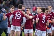 11 February 2018; Galway players Johnny Heaney, left, Cein D'Arcy, centre, and Eamon Branigan celebrate after the Allianz Football League Division 1 Round 3 match between Galway and Mayo at Pearse Stadium in Galway. Photo by Diarmuid Greene/Sportsfile