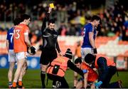 11 February 2018; Referee Noel Mooney issuing a 2nd yellow card to Andrew Farrell of Longford, right, which lead to him being sent off during the Allianz Football League Division 3 Round 3 match between Armagh and Longford at the Athletic Grounds in Armagh. Photo by Oliver McVeigh/Sportsfile