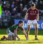 11 February 2018; Eoghan Kerin of Galway reacts towards Cillian O'Connor of Mayo after he missed a scoring opportunity during the Allianz Football League Division 1 Round 3 match between Galway and Mayo at Pearse Stadium in Galway. Photo by Diarmuid Greene/Sportsfile