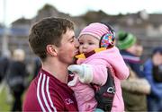 11 February 2018; Shane Walsh of Galway celebrates with his god-daughter Réaltín Walsh, age 9 months, from Clonberne, Co. Galway, after the Allianz Football League Division 1 Round 3 match between Galway and Mayo at Pearse Stadium in Galway. Photo by Diarmuid Greene/Sportsfile
