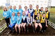 10 February 2018; Girls U12 Inter Club Relay medallists, from left, Belgooly AC, Co Cork, silver, Ratoath AC, Co Meath, gold, and Bandon AC, Co Cork, bronze, during the Irish Life Health Intermediates, Masters, Juvenile B & Juvenile XC Relays at Kilcoran Estate in Clainbridge, County Galway. Photo by Sam Barnes/Sportsfile
