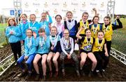 10 February 2018; Girls U12 Inter Club Relay medallists, from left, Belgooly AC, Co Cork, silver, Ratoath AC, Co Meath, gold, and Bandon AC, Co Cork, bronze, during the Irish Life Health Intermediates, Masters, Juvenile B & Juvenile XC Relays at Kilcoran Estate in Clainbridge, County Galway. Photo by Sam Barnes/Sportsfile