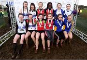 10 February 2018; Girls U14 Inter Club Relay  medallists, from left, Dunboyne AC, Co Wicklow, bronze, Doonen AC, Co Limerick, gold, and Ratoath AC, Co Meath, silver, event during the Irish Life Health Intermediates, Masters, Juvenile B & Juvenile XC Relays at Kilcoran Estate in Clainbridge, County Galway. Photo by Sam Barnes/Sportsfile