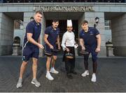 12 February 2018; Leinster’s Ross Molony, Garry Ringrose, Max Deegan and Senior Coach Stuart Lancaster were at the five star InterContinental Dublin today to announce the hotel becoming the official hotel partner of Leinster Rugby. Ciara Hanley, Director of Sales & Marketing at InterContinental Dublin said, “We are delighted to welcome Leinster Rugby, whose home ground is literally on our doorstep, so it makes great sense for both parties that we have become partners for the 2018/2019 season. The Hotel has a long relationship with the rugby community and we look forward to working closely with Leinster Rugby staff, the team and supporters over the coming years. For us the brand alignment with Leinster Rugby is a perfect fit and we wish the team all the best in the upcoming Guinness Pro14 and The European Rugby Champions Cup”. Mick Dawson, Chief Executive, Leinster Rugby, said, “We are delighted to be here today at the five star InterContinental Dublin and to formally launch this partnership. The InterContinental Dublin have been long standing supporters of Leinster Rugby and this formal partnership will allow us both to further that relationship over the coming seasons on match days and beyond”. Pictured is, from left, Leinster's Ross Molony, Max Deegan, Sous Chef Daniel Jinariu, and Garry Ringrose, at the InterContinental Hotel in Ballsbridge, Dublin. Photo by Seb Daly/Sportsfile