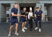12 February 2018; Leinster’s Ross Molony, Garry Ringrose, Max Deegan and Senior Coach Stuart Lancaster were at the five star InterContinental Dublin today to announce the hotel becoming the official hotel partner of Leinster Rugby. Ciara Hanley, Director of Sales & Marketing at InterContinental Dublin said, “We are delighted to welcome Leinster Rugby, whose home ground is literally on our doorstep, so it makes great sense for both parties that we have become partners for the 2018/2019 season. The Hotel has a long relationship with the rugby community and we look forward to working closely with Leinster Rugby staff, the team and supporters over the coming years. For us the brand alignment with Leinster Rugby is a perfect fit and we wish the team all the best in the upcoming Guinness Pro14 and The European Rugby Champions Cup”. Mick Dawson, Chief Executive, Leinster Rugby, said, “We are delighted to be here today at the five star InterContinental Dublin and to formally launch this partnership. The InterContinental Dublin have been long standing supporters of Leinster Rugby and this formal partnership will allow us both to further that relationship over the coming seasons on match days and beyond”. Pictured is, from left, Leinster's Ross Molony, Max Deegan, Sous Chef Daniel Jinariu, and Garry Ringrose, at the InterContinental Hotel in Ballsbridge, Dublin. Photo by Seb Daly/Sportsfile