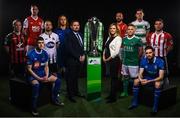 13 February 2018; In attendance during the SSE Airtricity League Launch 2018 are, John McGuinness, SSE Airticity League Marketing Executive and Leanne Shiell, SSE Airtricity Sponsorship Specialist, with Premier Division Players, from left, Derek Pender of Bohemians, Ian Bermingham of St. Patricks Athletic, John Martin of Waterford, Hugh Douglas of Bray Wanderers, Stephen O'Donnell of Dundalk, Conor McCormack of Cork City, Rafael Cretaro of Sligo Rovers, Eoin Wearen of Limerick, Trevor Clarke of Shamrock Rovers and Gavin Peers of Derry City. The launch took place at the Aviva Stadium in Dublin. Photo by Sam Barnes/Sportsfile