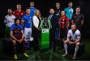 13 February 2018; In attendance during the SSE Airtricity League Launch 2018 are, Leanne Shiell, SSE Airtricty Sponsorship Specialist and John McGuinness, SSE Airticity League Marketing Executive,  with First Division Players, from left, Kieran Marty Waters of Cabinteely, Jake Hyland of Drogheda United, Jamie Doyle of Shelbourne, Aidan Friel of Finn Harps, Evan Osam of UCD, Ryan Gaffey of Athlone Town, Dean Zambra of Longford Town, Darren Murphy of Cobh Ramblers, Ryan Connolly of Galway United and Ross Kenny of Wexford. The launch took place at the Aviva Stadium in Dublin. Photo by Sam Barnes/Sportsfile