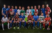 13 February 2018; In attendance during the SSE Airtricity League Launch 2018, are players from the Premier and First Divisons, back row from left, Eoin Wearen of Limerick, Jake Hyland of Drogheda United, Gavin Peers of Derry City, Aidan Friel of Finn Harps, Ryan Connolly of Galway United, Conor McCormack of Cork City, Stephen O'Donnell of Dundalk, Darren Murphy of Cobh Ramblers, Ian Bermingham of St Patrick's Athletic, Ross Kenny of Wexford, Hugh Douglas of Bray Wanderers, Jamie Doyle of Shelbourne. Front row, from left, Kieran Marty Waters of Cabinteely, Ryan Gaffey of Athlone Town, Derek Pender of Bohemians, John Martin of Waterford, Deam Zambra of Longford Town, Evan Osam of UCD, Trevor Clarke of Shamrock Rovers and Rafael Cretaro of Sligo Rovers. The launch took place at the Aviva Stadium in Dublin. Photo by Sam Barnes/Sportsfile