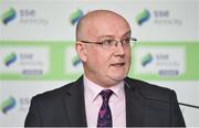 13 February 2018; Fran Gavin, Competition Director, Football Association of Ireland, speaking during the SSE Airtricity League Launch 2018 at the Aviva Stadium in Dublin. Photo by Seb Daly/Sportsfile