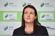 13 February 2018; Áine Murphy, Lead Marketing Manager, SSE Airtricity, speaking during the SSE Airtricity League Launch 2018 at the Aviva Stadium in Dublin. Photo by Seb Daly/Sportsfile