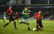 13 February 2018; Callum Thompson of Republic of Ireland in action against Mustafa Kaya, left, and Erdogan Kaya of Turkey during the Under 17 International Friendly match between the Republic of Ireland and Turkey at Eamonn Deacy Park in Galway. Photo by Diarmuid Greene/Sportsfile