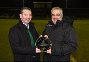13 February 2018; Gerry Tully, Provincial Administrator for Connacht Football Association, left, makes a presentation on behalf of the FAI to Robert Winn, General FC of Galway Football League, after the Under 17 International Friendly match between the Republic of Ireland and Turkey at Eamonn Deacy Park in Galway. Photo by Diarmuid Greene/Sportsfile