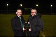 13 February 2018; Gerry Tully, Provincial Administrator for Connacht Football Association, left, makes a presentation on behalf of the FAI to Robert Winn, General FC of Galway Football League, after the Under 17 International Friendly match between the Republic of Ireland and Turkey at Eamonn Deacy Park in Galway. Photo by Diarmuid Greene/Sportsfile