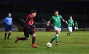 13 February 2018; Tyriek Wright of Republic of Ireland in action against Ali Yavuz Kol of Turkey during the Under 17 International Friendly match between the Republic of Ireland and Turkey at Eamonn Deacy Park in Galway. Photo by Diarmuid Greene/Sportsfile