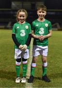 13 February 2018; Mascots Caitlin Trill, aged 9, and Adam Ramsay, aged 11, both from Claregalway, prior to the Under 17 International Friendly match between the Republic of Ireland and Turkey at Eamonn Deacy Park in Galway. Photo by Diarmuid Greene/Sportsfile