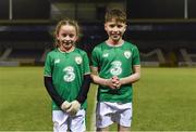 13 February 2018; Mascots Caitlin Trill, aged 9, and Adam Ramsay, aged 11, both from Claregalway, prior to the Under 17 International Friendly match between the Republic of Ireland and Turkey at Eamonn Deacy Park in Galway. Photo by Diarmuid Greene/Sportsfile