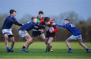 14 February 2018; Dan Murray of Midlands is tackled by Keelan O'Connell, right, and Shane O'Loughlin of North Midlands during the Shane Horgan Cup 4th Round match between North Midlands and Midlands at Ashbourne RFC in Ashbourne, Co Meath. Photo by David Fitzgerald/Sportsfile