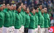 10 February 2018; Jordan Larmour of Ireland, 2nd from right, lines up for the national anthem on his debut prior to the Six Nations Rugby Championship match between Ireland and Italy at the Aviva Stadium in Dublin. Photo by Brendan Moran/Sportsfile