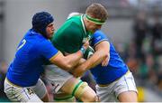 10 February 2018; Dan Leavy of Ireland is tackled by Luca Bigi, left, and Andrea Lovotti of Italy during the Six Nations Rugby Championship match between Ireland and Italy at the Aviva Stadium in Dublin. Photo by Brendan Moran/Sportsfile
