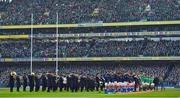 10 February 2018; The Italy and Ireland teams stand for the national anthem, played by the band of An Garda Síochana, prior to the Six Nations Rugby Championship match between Ireland and Italy at the Aviva Stadium in Dublin. Photo by Brendan Moran/Sportsfile