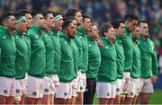 10 February 2018; The Ireland team stand for the national anthem on his debut prior to the Six Nations Rugby Championship match between Ireland and Italy at the Aviva Stadium in Dublin. Photo by Brendan Moran/Sportsfile