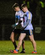 14 February 2018; Con O’Callaghan of University College Dublin, right, and Michael McKernan of Ulster University during the Electric Ireland HE GAA Sigerson Cup Semi-Final match between Ulster University and University College Dublin at Grattan Park in Inniskeen, Monaghan. Photo by Oliver McVeigh/Sportsfile