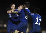 16 February 2018; Dean O'Halloran of Waterford FC, second from left, celebrates with team-mates Gary Comerford, Gavan Holohan, and Stanley Aborah after scoring his side's second goal during the SSE Airtricity League Premier Division match between Waterford FC and Derry City at the RSC in Waterford. Photo by Diarmuid Greene/Sportsfile