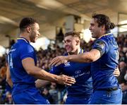 17 February 2018; James Lowe of Leinster, right, is congratulated by teammates Adam Byrne, left, and Jordan Larmour, centre, after scoring his side's first try during the Guinness PRO14 Round 15 match between Leinster and Scarlets at the RDS Arena in Dublin. Photo by Seb Daly/Sportsfile