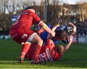 17 February 2018; James Lowe of Leinster goes over to score his side's second try despite the tackle of Corey Baldwin of Scarlets during the Guinness PRO14 Round 15 match between Leinster and Scarlets at the RDS Arena in Dublin. Photo by Seb Daly/Sportsfile