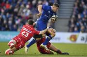 17 February 2018; Jordan Larmour of Leinster is tackled by Tom Williams, left, and Paul Asquith of Scarlets during the Guinness PRO14 Round 15 match between Leinster and Scarlets at the RDS Arena in Dublin. Photo by Brendan Moran/Sportsfile
