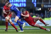 17 February 2018; Jordan Larmour of Leinster is tackled by Ryan Elias, right, and David Bulbring of Scarlets during the Guinness PRO14 Round 15 match between Leinster and Scarlets at the RDS Arena in Dublin. Photo by Harry Murphy / Sportsfile
