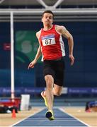 17 February 2018; Antony Daffurn of S. R. L. AC, on his way to winning the Mens Triple Jump during the Irish Life Health National Senior Indoor Athletics Championships at the National Indoor Arena in Abbotstown, Dublin. Photo by Sam Barnes/Sportsfile