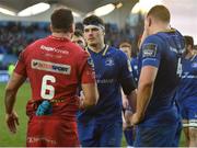 17 February 2018; Max Deegan of Leinster, centre, with Tadhg Beirne of Scarlets after the Guinness PRO14 Round 15 match between Leinster and Scarlets at the RDS Arena in Dublin. Photo by Brendan Moran/Sportsfile