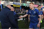 17 February 2018; Ciarán Frawley of Leinster is congratulated after the Guinness PRO14 Round 15 match between Leinster and Scarlets at the RDS Arena in Dublin. Photo by Brendan Moran/Sportsfile